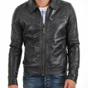 Men's leather jacket black Slim coat
